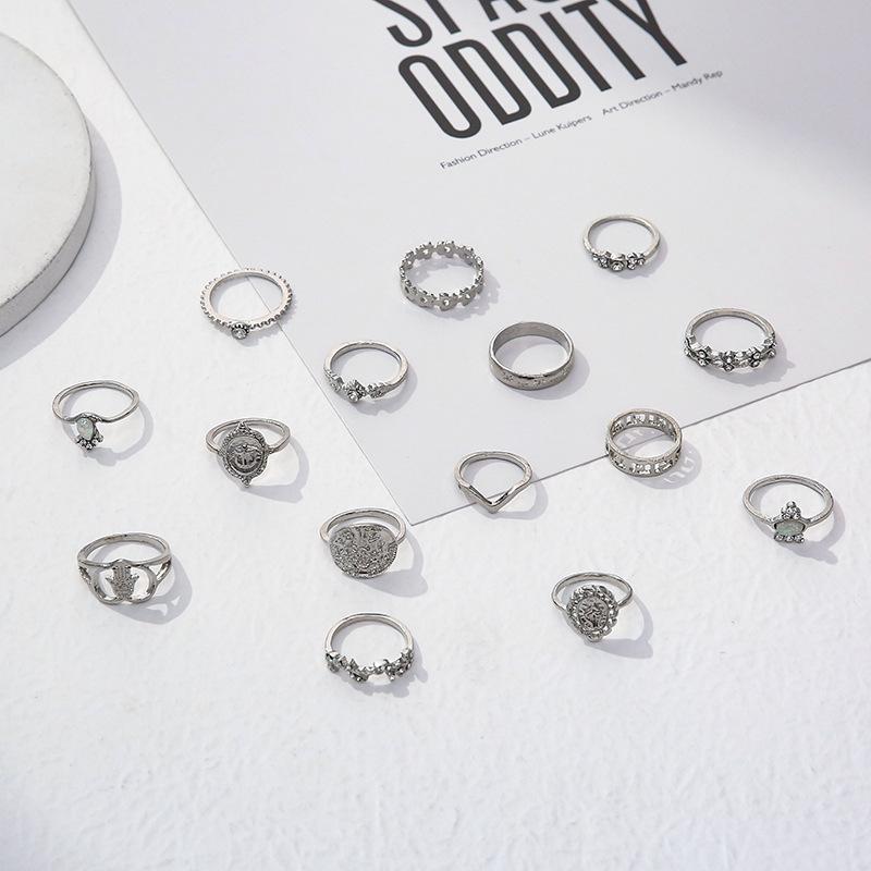 15 Pcs Vintage Gold Coin Opal Stackable Ring Set, Boho Gold Stacking Rings, Hypoallergenic Y2K Jewelry for Women