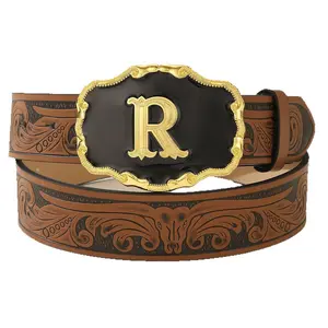Vintage Black and Gold Western Belt for Men and Women, Cowboy Accessory with Gold 'R' Initial Buckle, Belt-Shaped Men's Belts