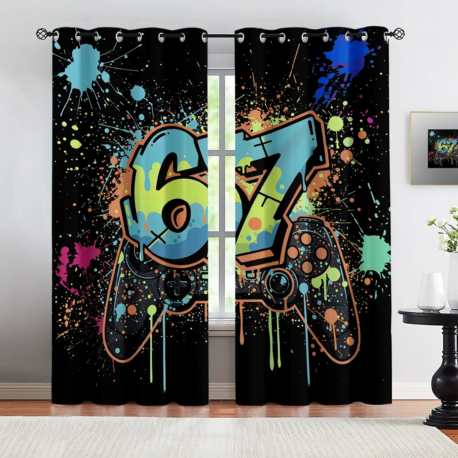 2 Panels Gamer 67 Graffiti Printed Curtains, Colorful Splatter Gamepad Darkening Window Drapes Curtains, Urban Street Art Decoration Curtains with Grommet Top, For Teen Boys Gamers Bedroom Game Room Dorm