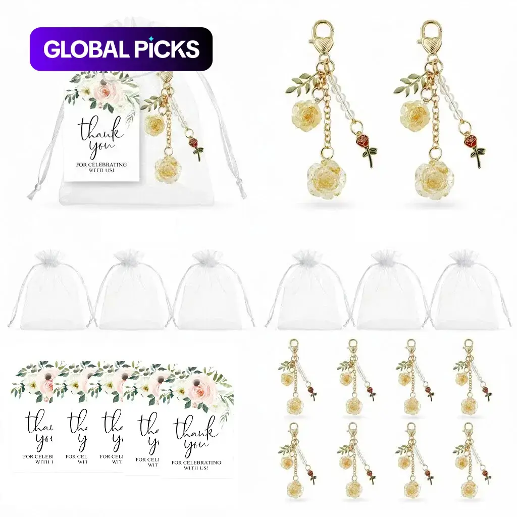 36pcs/12set Rose Keychain Cute Wedding Bridal Shower Party Favor Gift Set, Organza Bag, Thank You Card, Heart Clasp, Handmade Floral Key Ring, Floral Pattern Keychain, Flower Keychain