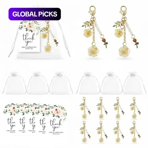 12set Rose Keychain Wedding Party Favor Gift Set, Organza Bag, Thank You Card, Heart Clasp, Handmade Floral Key Ring, Bridal Shower Souvenir, Key Accessories #GLOBAL PICKS