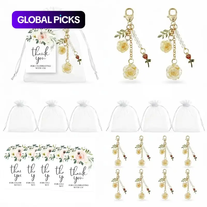 12set Rose Keychain Wedding Party Favor Gift Set, Organza Bag, Thank You Card, Heart Clasp, Handmade Floral Key Ring, Bridal Shower Souvenir, Key Accessories #GLOBAL PICKS
