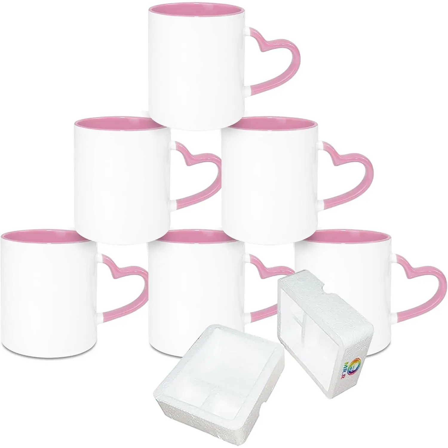 Sublimation Blank Dishwasher Ceramic Mug,Blank Coated Cup,Sublimation Blank Mugs,Classic Cup with  Color Inner Mug and Heart Handle,11oz,Set of 6 count per Carton