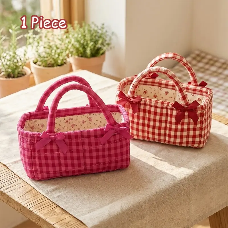 🎀 The "Cottagecore" Dream ｜ Aesthetic Quilted Gingham Storage Basket [Ultimate Coquette Desk Vibe]