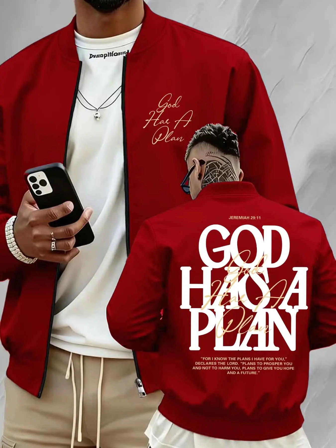 Men's Zip Up Bomber Jacket, Double Sided "GOD HAS A PLAN" Bible Verse Letter Print Christian Faith Casual Lightweight Long Sleeve Streetwear Outerwear #GodHasAPlanJacket #ChristianStreetwear #BibleVersePrint #ZipUpBomberCoat #TikTokMadeMeBuyIt