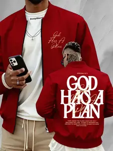 Men's Zip Up Bomber Jacket, Double Sided "GOD HAS A PLAN" Bible Verse Letter Print Christian Faith Casual Lightweight Streetwear Outerwear #GodHasAPlanJacket #ChristianStreetwear #BibleVersePrint #ZipUpBomberCoat #TikTokMadeMeBuyIt