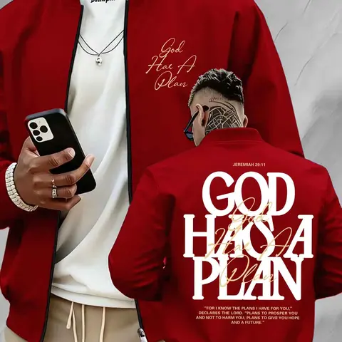 Men's Zip Up Bomber Jacket, Double Sided "GOD HAS A PLAN" Bible Verse Letter Print Christian Faith Casual Lightweight Long Sleeve Streetwear Outerwear #GodHasAPlanJacket #ChristianStreetwear #BibleVersePrint #ZipUpBomberCoat #TikTokMadeMeBuyIt
