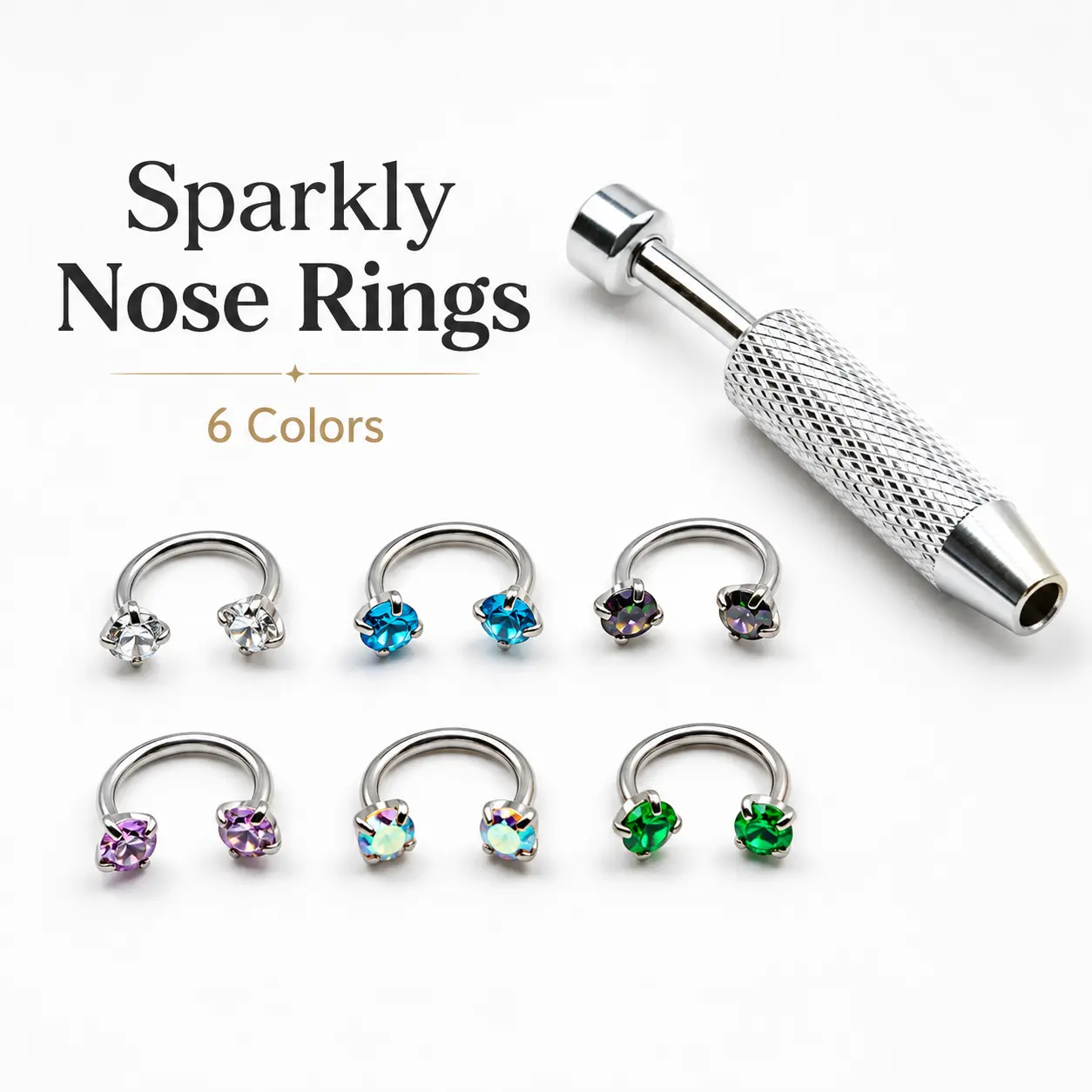 6-Piece 316L Surgical Steel Nose Ring Set, Dainty 18G 8mm Horseshoe Hoops with Internally Threaded Gems, Body Jewelry for Nose Piercings with Guiding Needle, Nosepiercings