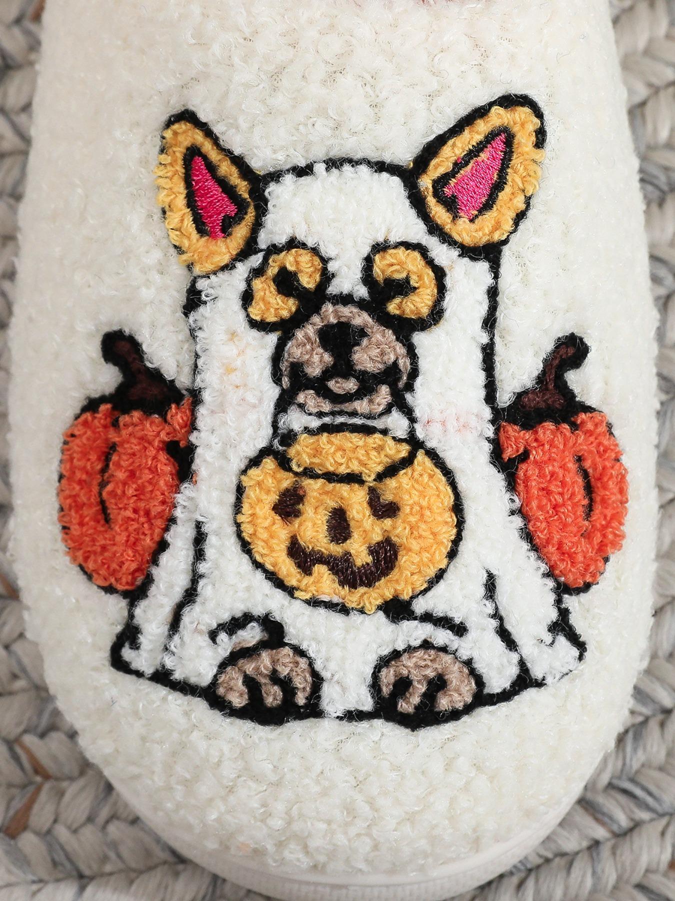 Cute Pet Dog Pumpkin Embroidered Plush Slippers, Soft Comfortable Black Home Shoes for Men & Women for All Seasons, Spooky Perfect Halloween Gift for Dog Moms, Footwear