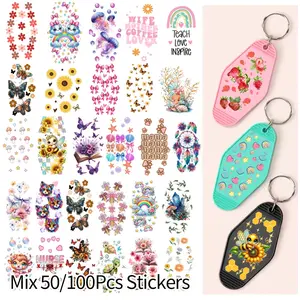 100pcs/50pcs UV DTF Keychain Wraps Decals, UV DTF Transfer Sticker Decal Rub on Transfers for Hotel Blanks Keychain