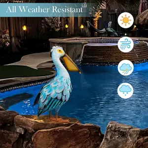 Metal Pelican Garden Statue, Light Blue Coastal Decor, Outdoor Courtyard, Beach, Lawn, Patio, Pool Display, Fashionable Decoration