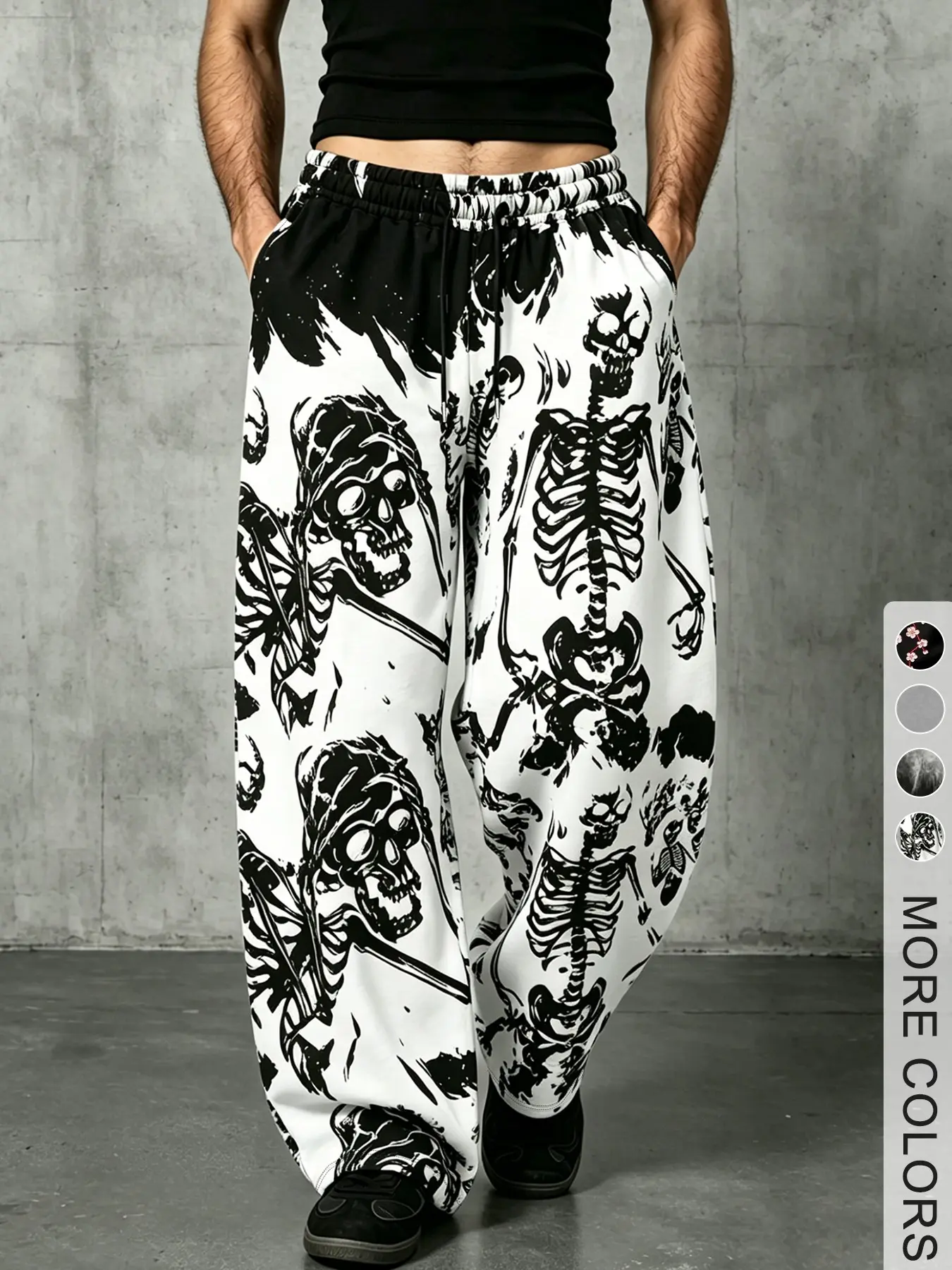 Gothic Skull Print Sport Pants, Loose-Fitting Drawstring Long Pants, Street Style Below the Knee, Ideal for Daily Wear &