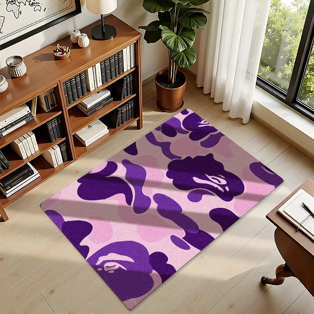 Purple‑Pink Bape Ape Head Camo Flannel Fashion Rug #PurpleCamoBapeRug #ApeHeadCamouflageMat #FlannelCarpet #StreetwearBedroomDecor