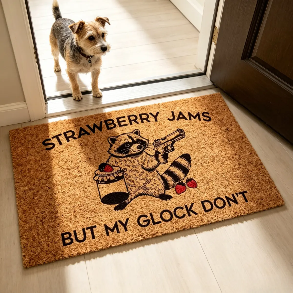 Funny Raccoon "Strawberry Jams But My Glock Don't" Non-Slip Absorbent Silicone Diatomaceous Earth Entryway Doormat, Quirky Apartment Decor, Housewarming Gift for New Home