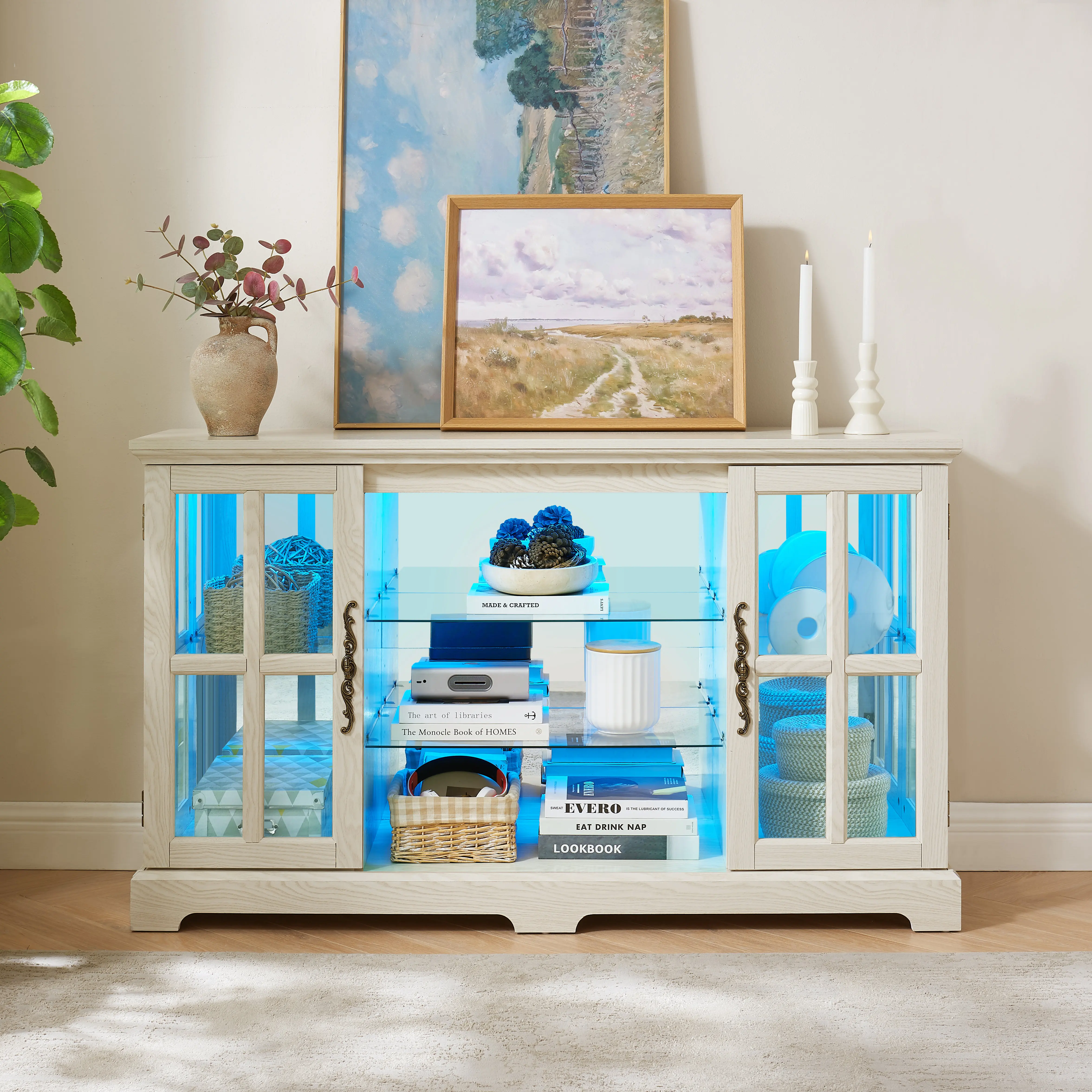 White MDF Glass Door Low Profile Sideboard Cabinet - Single Unit, 2 Grid Doors, 4 Adjustable Shelves, Mirror Back, Vintage Handles, Dining/Living Room Storage Credenza, 15.75W x 53.82D x 31.89H in