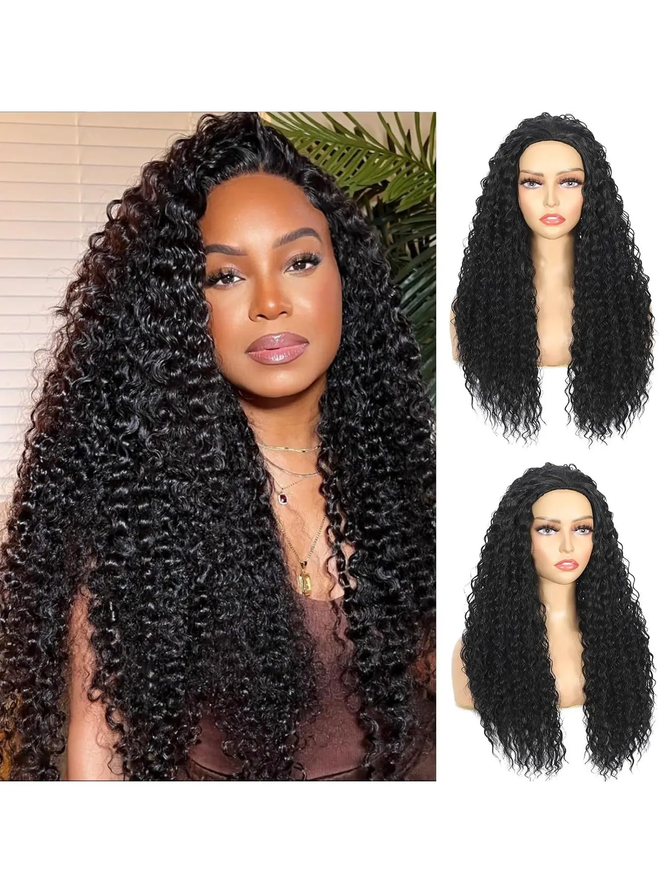 Black Synthetic Full Lace Wig Cap for Women Three in One Curly Wave Synthetic Long Curly Wavy Hair Lightweight Soft Comfortable Breathable Daily Wear Trendy Street Style Fashion