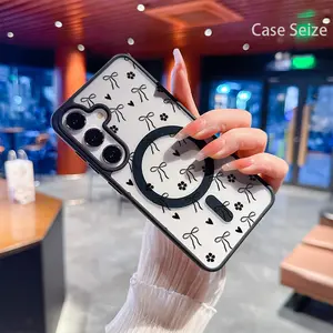 Phone Case - Black Ribbon Bows with Hearts And Flowers Pattern Style Black Border Magnetic Phone Case, Anti-Yellowing, Slim Lightweight & Bare Feel, Luxury Premium Design for Samsung Galaxy S22 S23Fe S24 S25 Plus Ultra