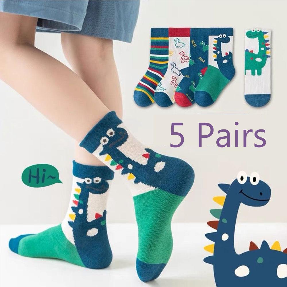 5 Pairs Of Boy's Trendy Cartoon Dinosaur Pattern Crew Socks, Breathable Comfy Casual Style Unisex Socks Kids Outdoor All Seasons Wearing