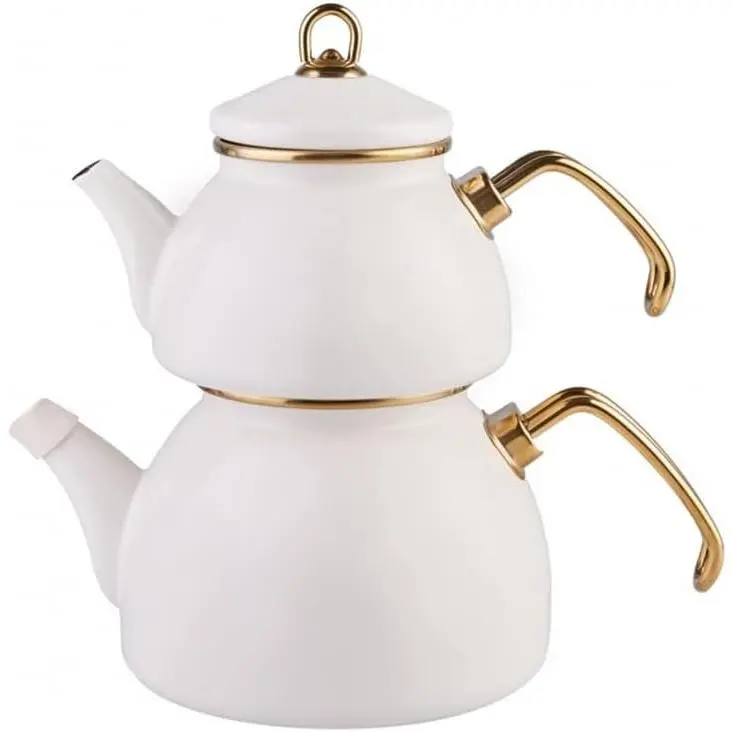 Retro Teapot Set Cream, Enamel, Teapot/Lid (1.1 lt, 2.4 lb), Tea Kettle (2.3 lt, 5 lb), Titanium Coated Handles, Suitable for Induction