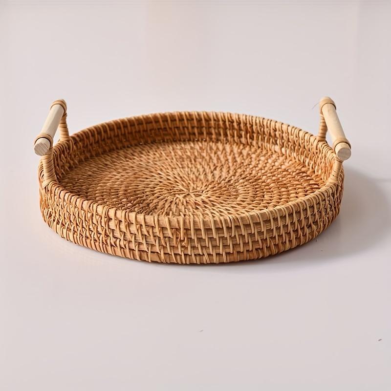Round Rattan Storage Round Tray, 1/3 Counts  Boho Style Tea Tray with Handle, Fruit Plate, Bread Snack Basket, Home Organizer for Kitchen Dining Room, Decor