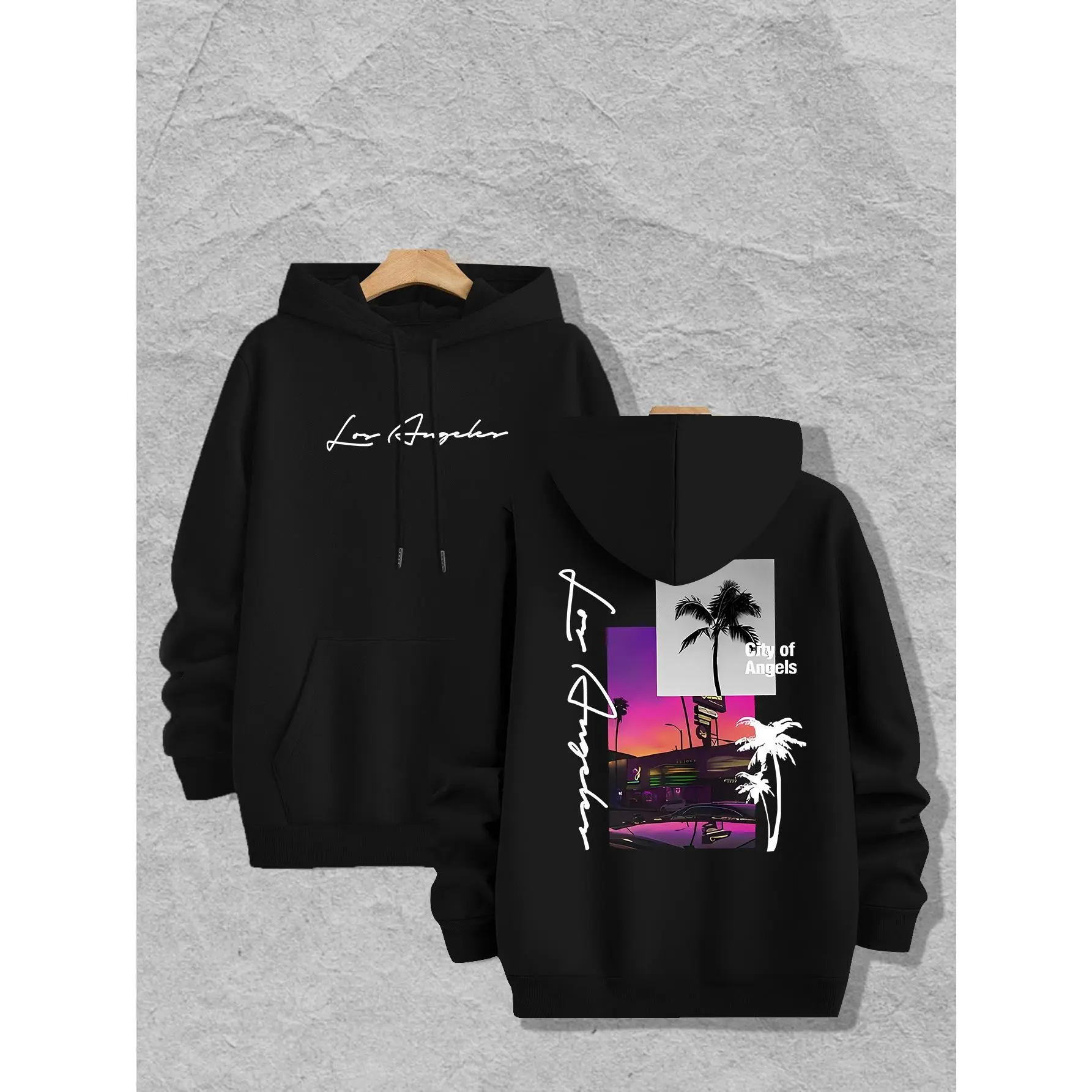 Los Angeles Designated Style Spring And Autumn Men'S Front And Back Print Single Sweatshirt 1pc Men'S Casual Hooded Sweatshirt, Long-Sleeved Pullover, Slight Elasticity Regular Men'S Hoodie