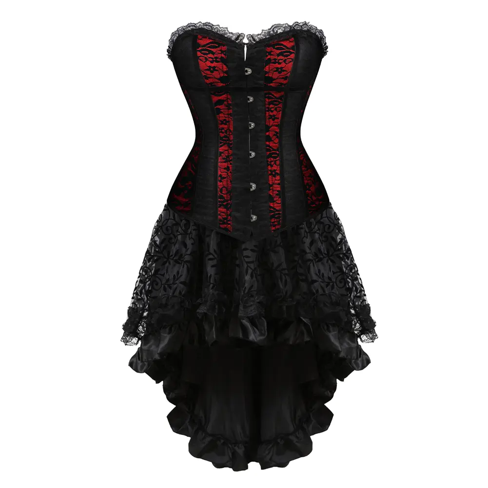 Women's 2-Piece Vintage Boned Brocade Corset Set - Cropped Halter Neck Bustier Top, Tutu Skirt, Floral Lace-Up, Plus Size Clothes for Witch Cosplay, Gothic Victorian Halloween Costumes