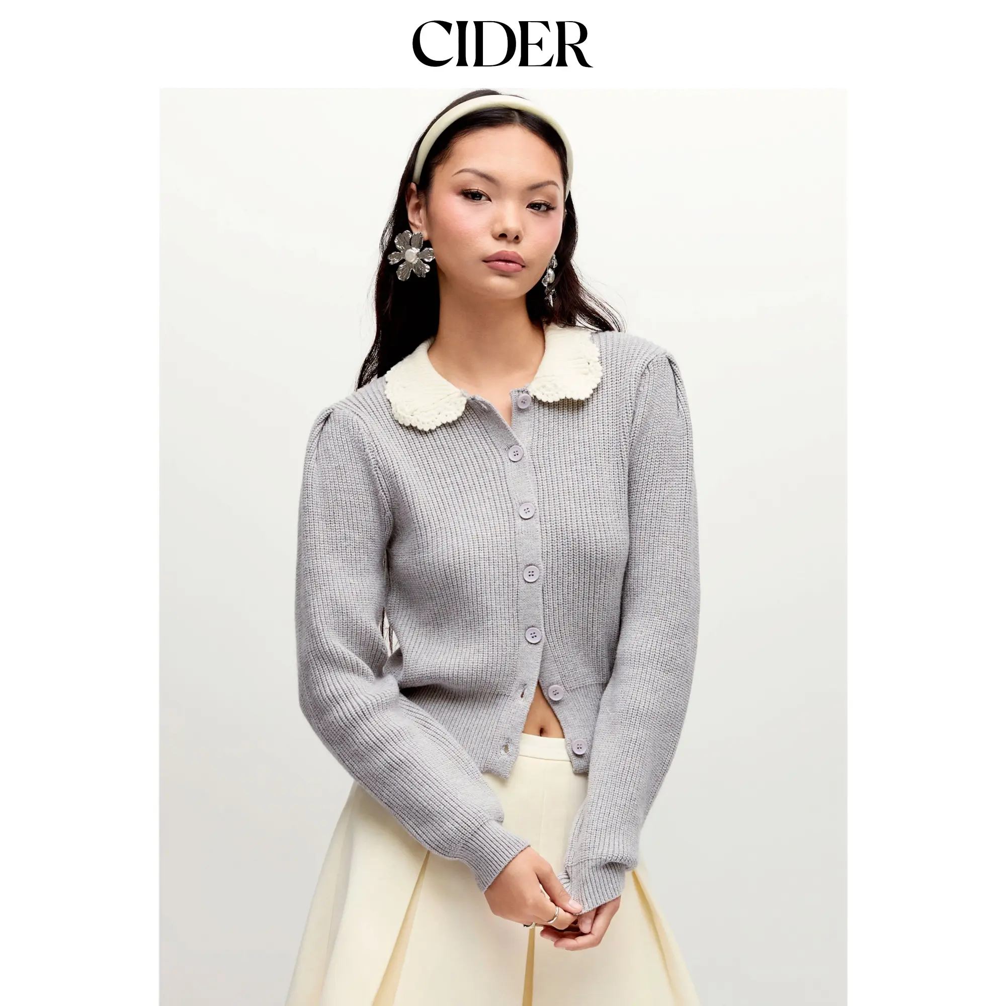Cider Knit Colorblock Peter Pan Collar Ruched Cardigan SohoChic