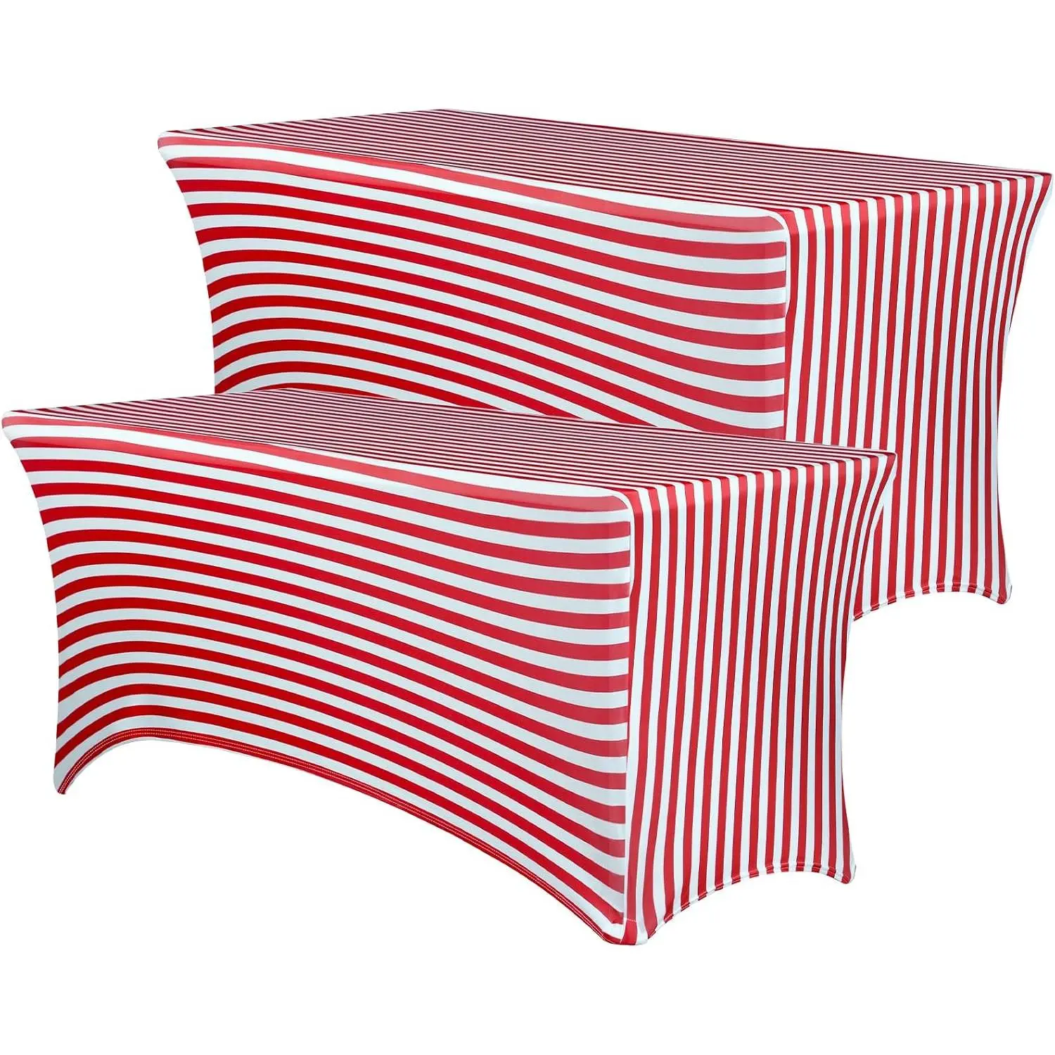 2 Pack Striped Red & White 6ft Fitted Rectangular Spandex Table Covers, Bold Stripes Tablecloth for Celebration, Wrinkle-Free, Secure Elastic Wrap, Washable Home Festive Decor Supplies