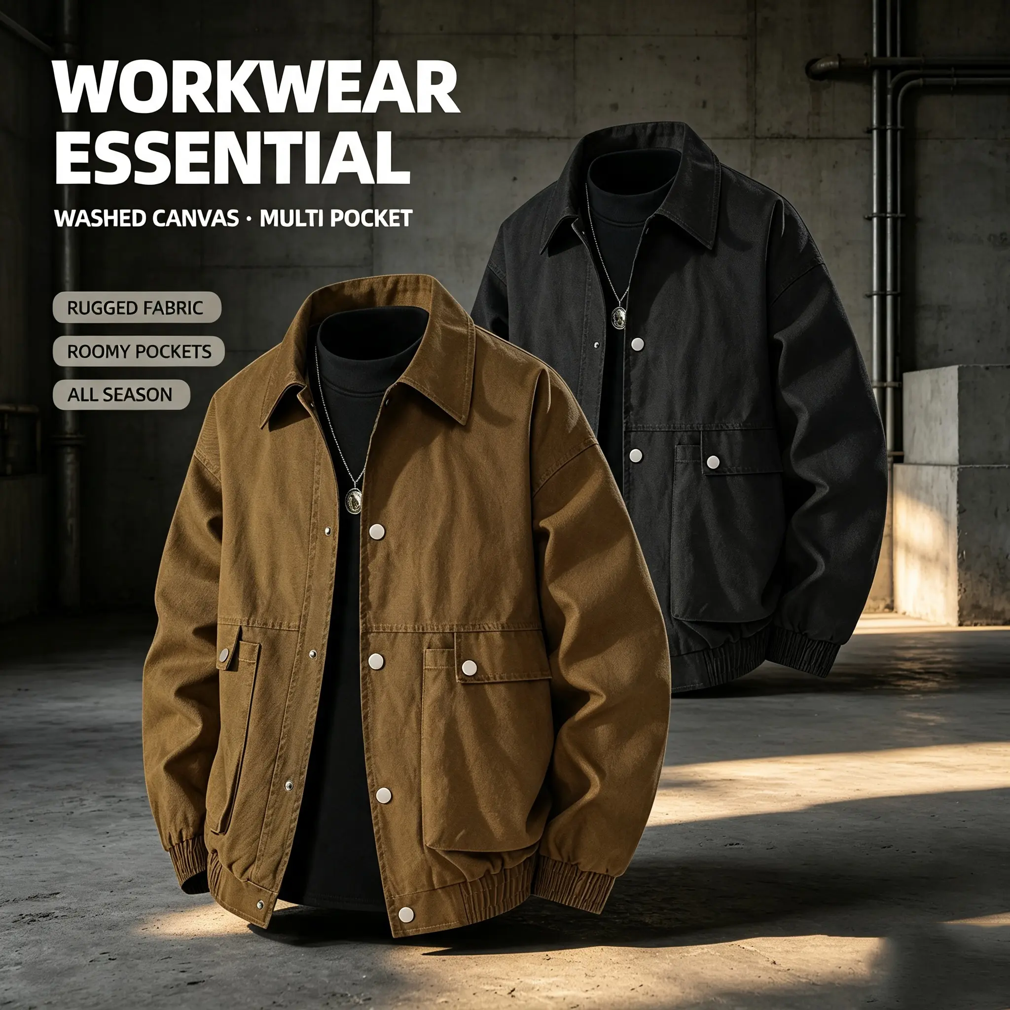 Vintage Washed Cargo Jacket Men Lapel Button Casual Workwear Streetwear Daily Outer Coat