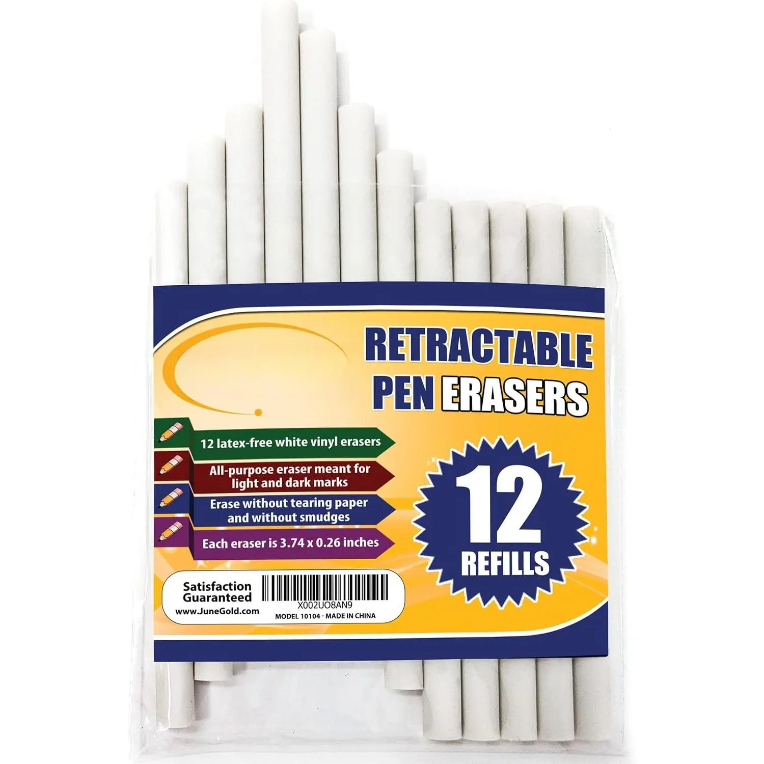 12 Pack of Retractable Pen Eraser Stick Refills | Latex-free, white vinyl, & precision erasing