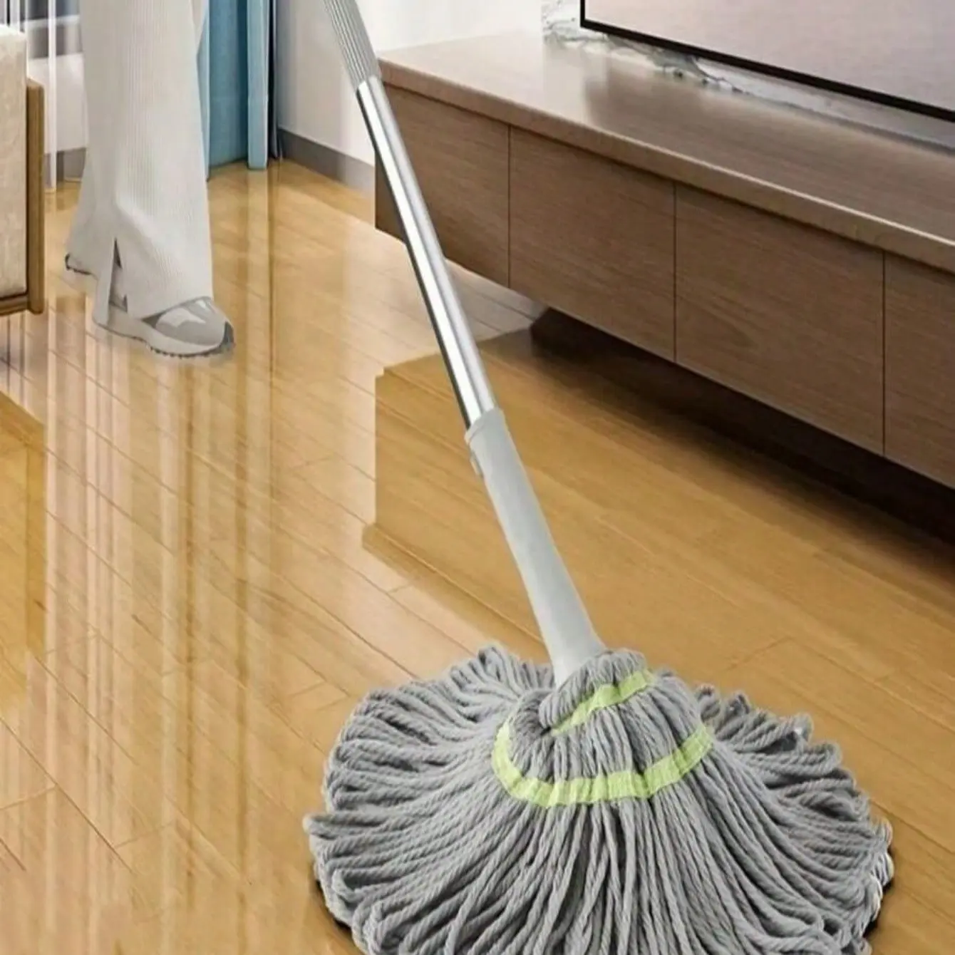 Manual Rotating Mop with Stainless Steel & Plastic Handle, Easy Grip System for Hardwood, Vinyl, Tile Floors, Ergonomic Design, Rotating Mop Head