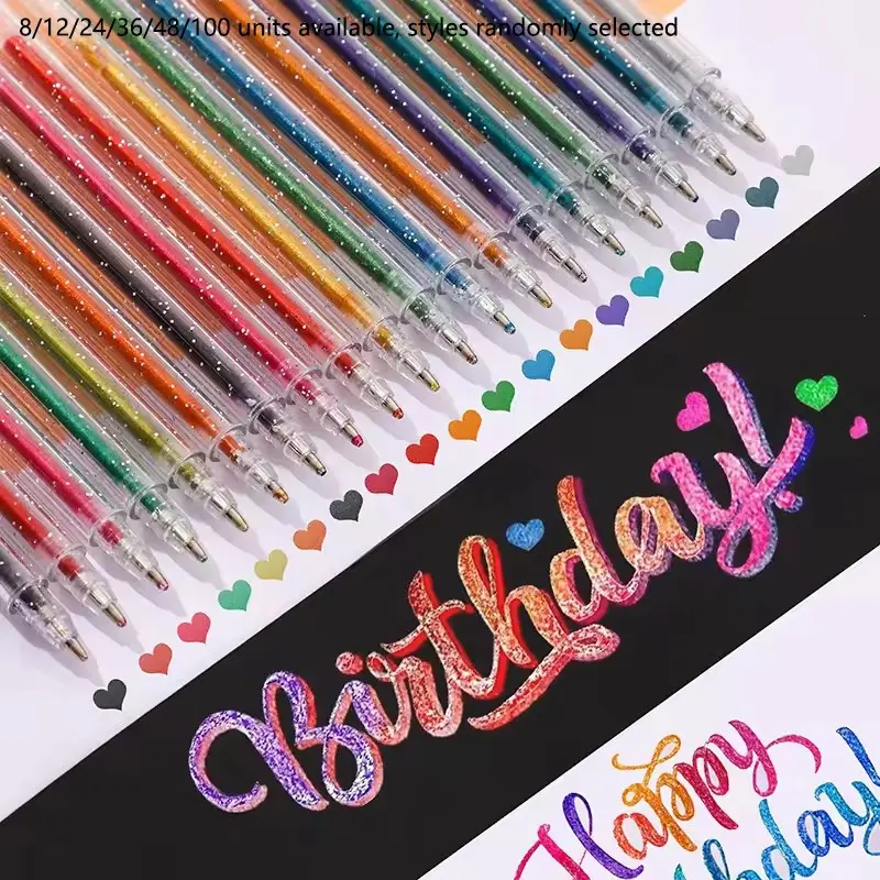 Colorful Glitter Gel Pens Set, 8/12/18/24/36/48pcs, Gel Ink Pens, Aesthetic Pens, DIY Drawing Markers, Drawing Art Supplies, Student Creative Coloring Tools, Learning Rewards, Holiday Gifts, Art Markers Pen