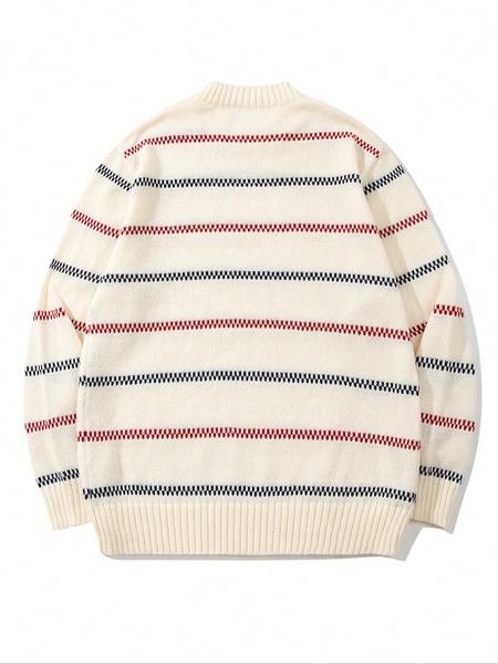 Men's Korean Style Striped Knit Sweater, Casual Round Neck Long Sleeve Pullover, Fall & Winter Fashion, New Arrival
