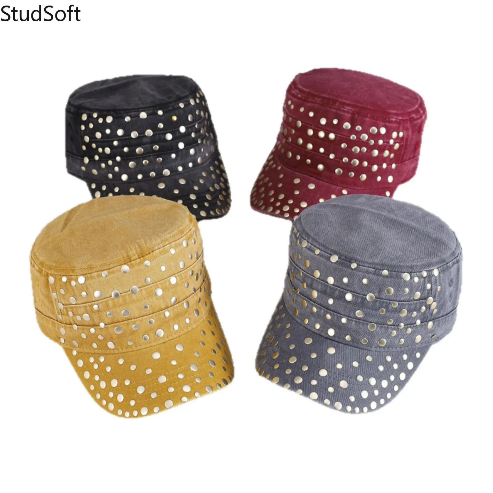 Men's Washed Denim Military Cadet Cap with a Vintage Distressed Finish and Rivet Studs, Flat Top Army Hat for Outdoor Wear