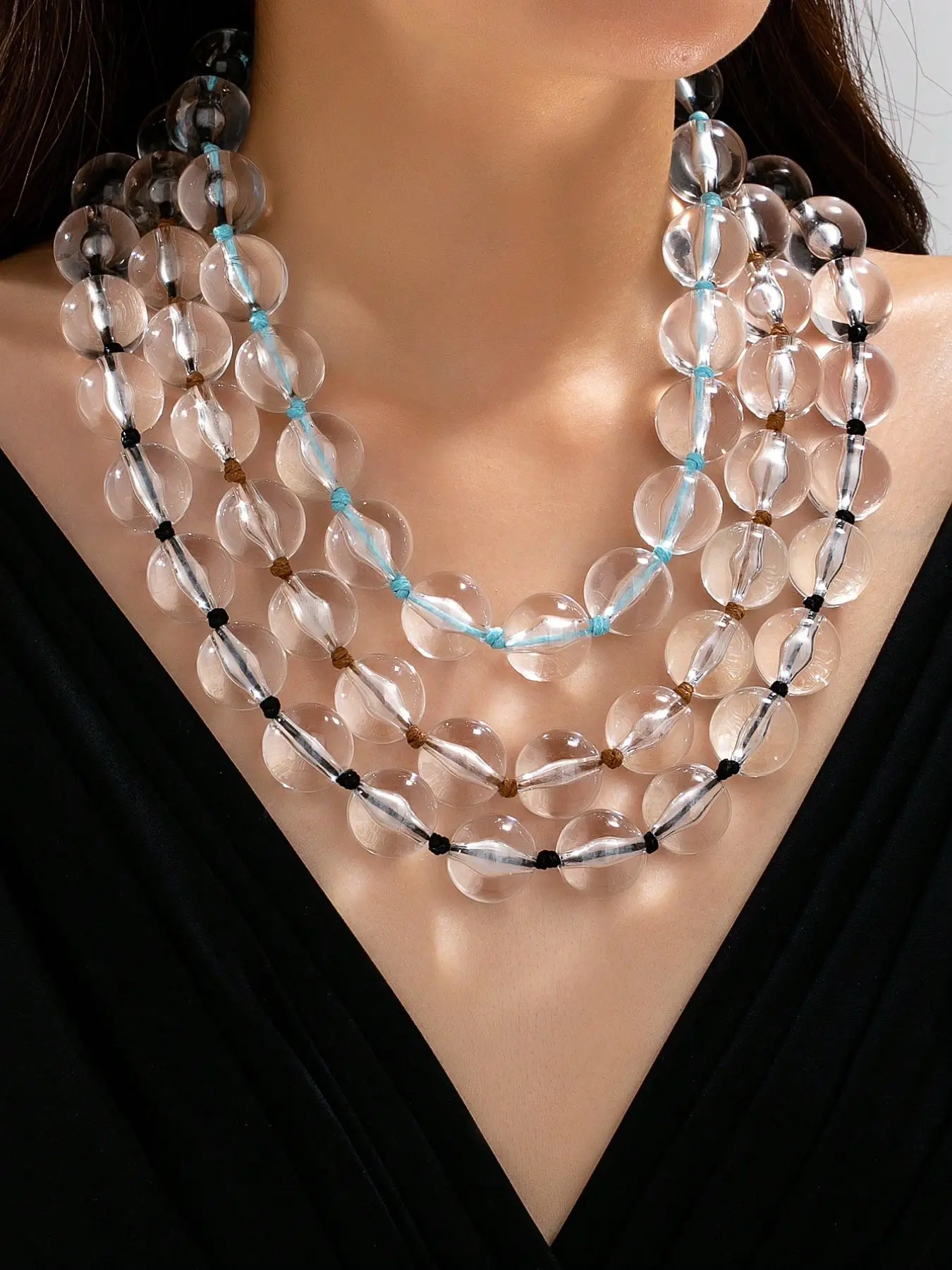 3 Pcs multi strand transparent bead necklace, hand knotted large round transparent glass ball thick layer necklace, suitable for women's vacation