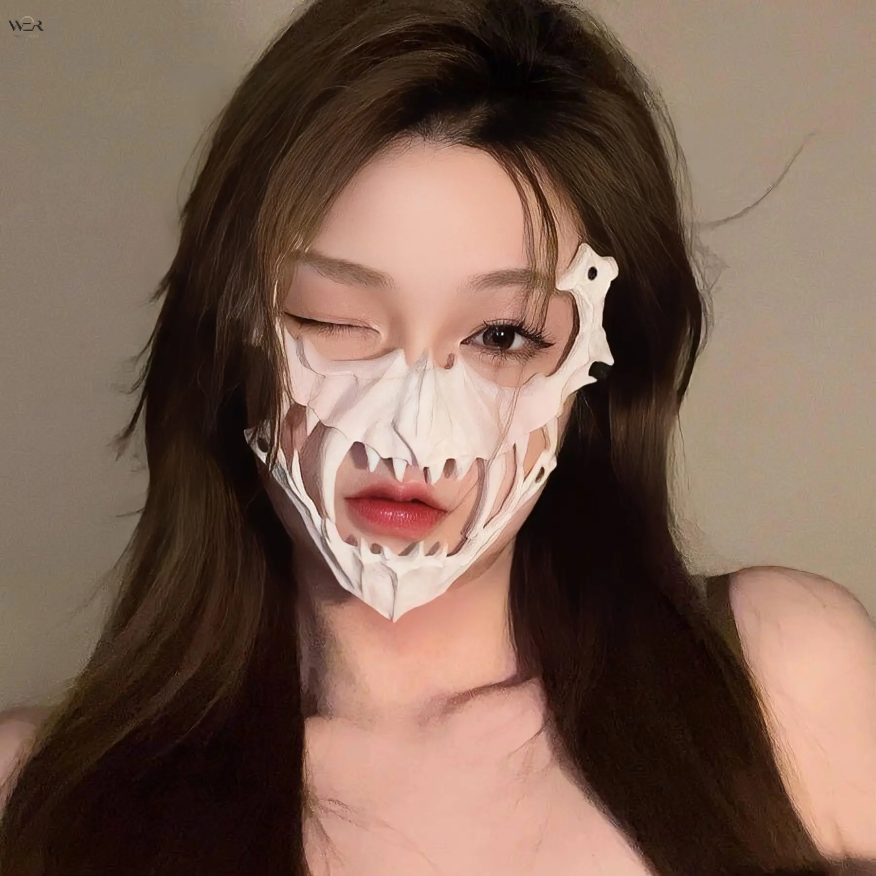 10-Style Halloween Cosplay Animal Half-Face Mask Set, Lightweight Animal Skulls Wolf Cat Fox Furry Lace Trim Masks, Fashion Face Covering Accessories for Carnival Night Events Photo Prop, Plastic Composite, Glossy, Therian Mask