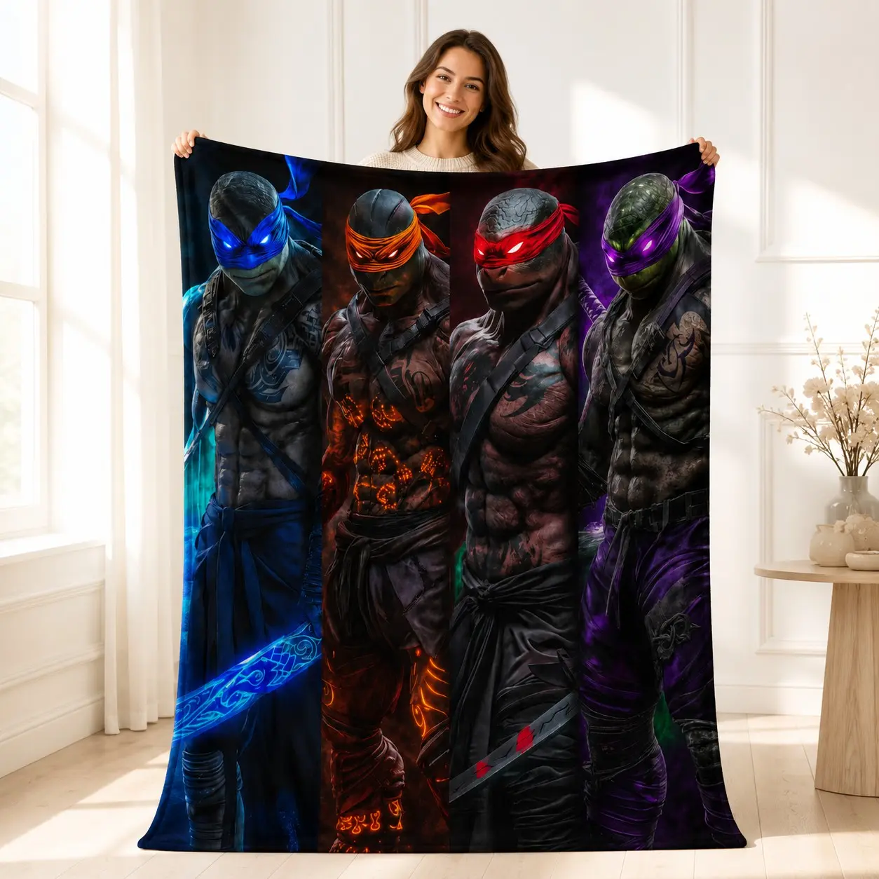1PC Teenage Mutant Ninja Turtles Four Brothers Realistic Tattoo Style Anime Print Flannel Blanket, Soft Skin-Friendly Anti-Pilling Machine Washable Lightweight Throw Blanket, All Seasons For Adults Home Sofa Bedroom Nap Classic Cartoon Fans Nostalgic Gift