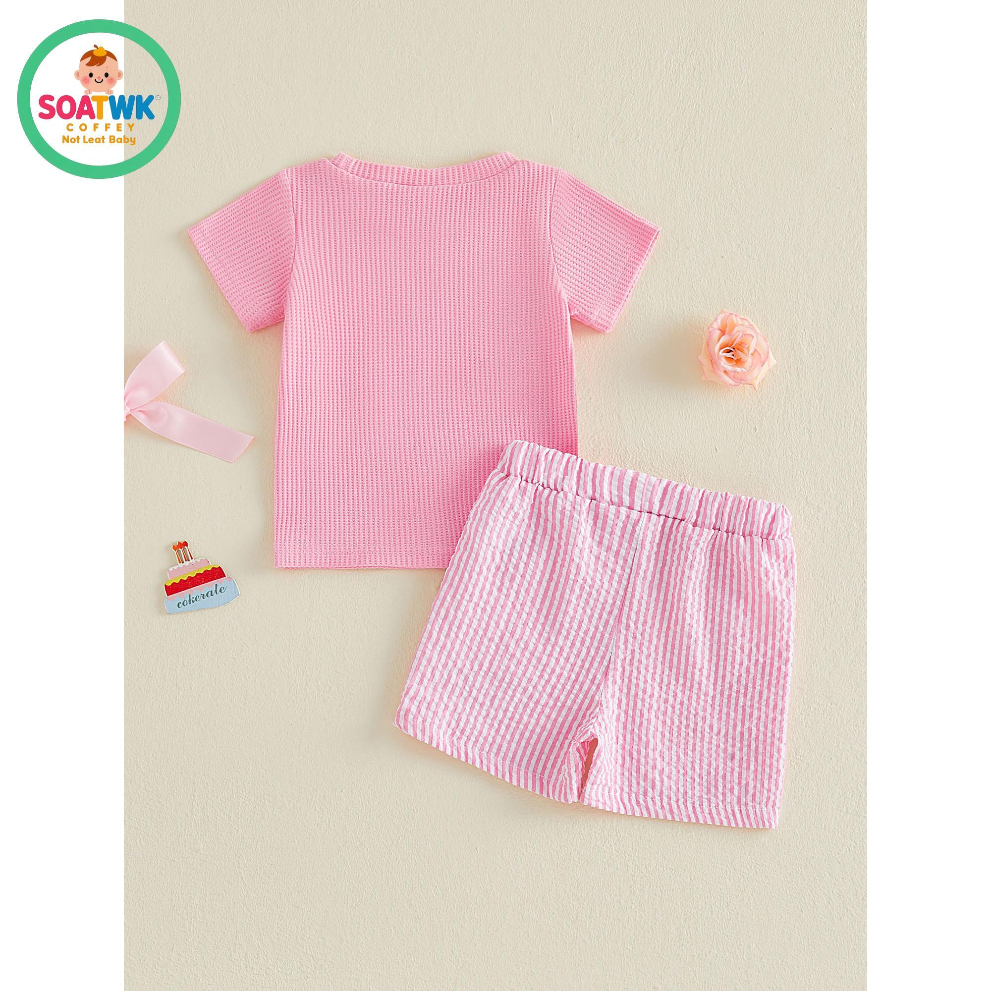 Baby Girls Birthday Outfit, Short Sleeve Embroidery Duck T-shirt with Striped Shorts Summer 2-piece Outfit