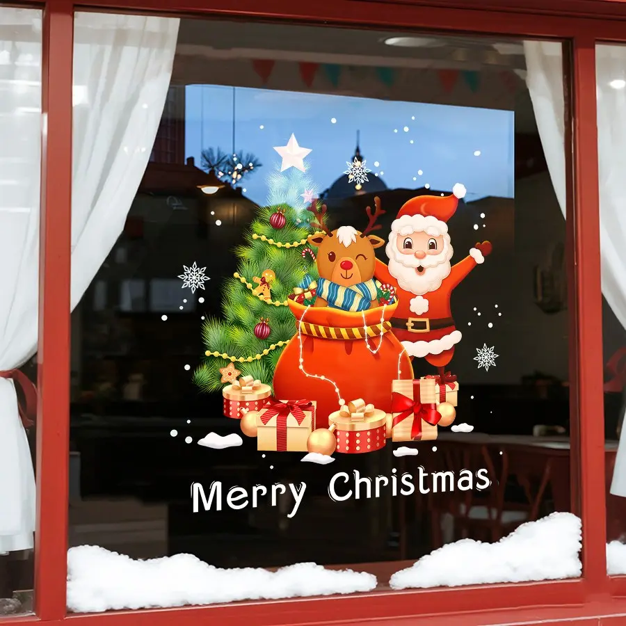 1 Sheet 45×60cm Christmas Static Window Cling, Cute Santa Reindeer Xmas Tree Gift Bag Static Glass Sticker, Removable No Residue Merry Christmas Window Decor for Home Shop