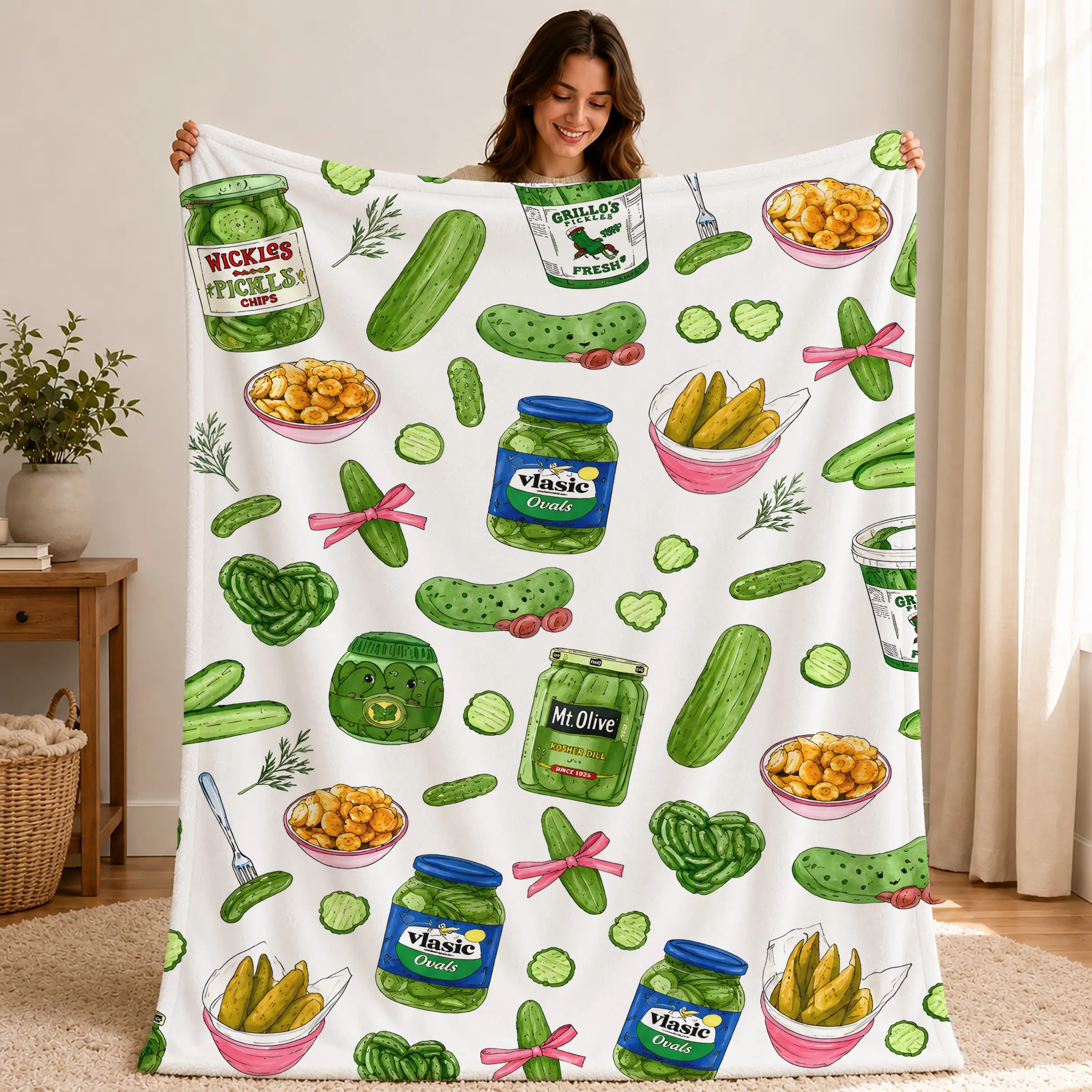 Pickle Lovers Throw Blanket, Soft Cozy Flannel Fleece, Cute Pickle Jars Pattern, Lightweight Warm Blanket for Sofa, Bed, Travel, Funny Gift