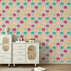 Seamless Wall Sticker, Ethnic Style Colorful Elephant Pattern, Easy Peel-Off Decorative Wallpaper, Home & Commercial Use