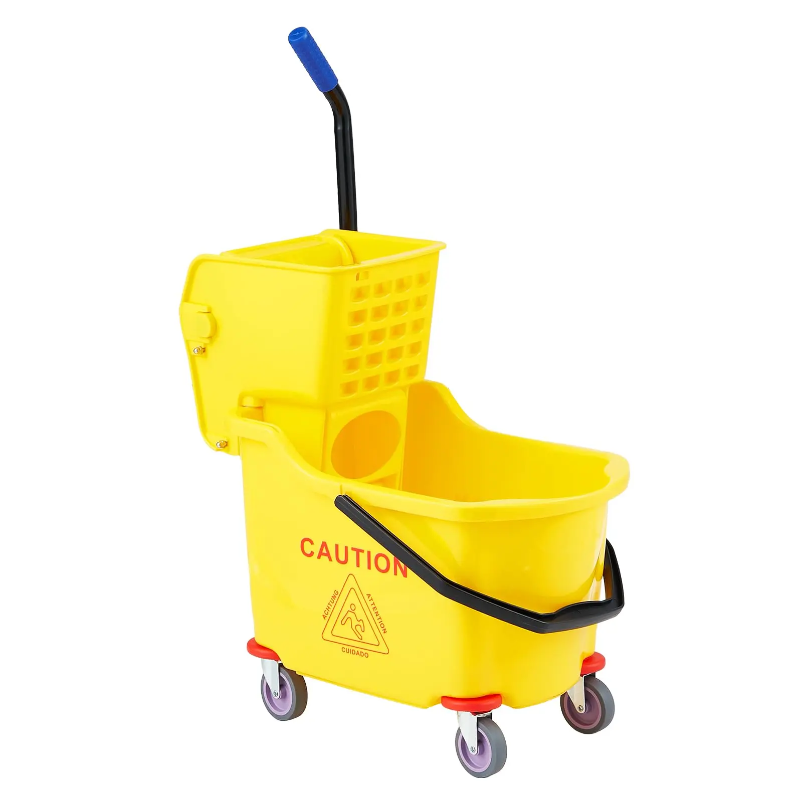 32L Commercial Mop Bucket with Side Press Wringer, Heavy Duty Janitor Cart Replacement, Large Capacity Cleaning Bucket for Floor Mopping, Industrial Grade PP, 4 Swivel Wheels, Yellow