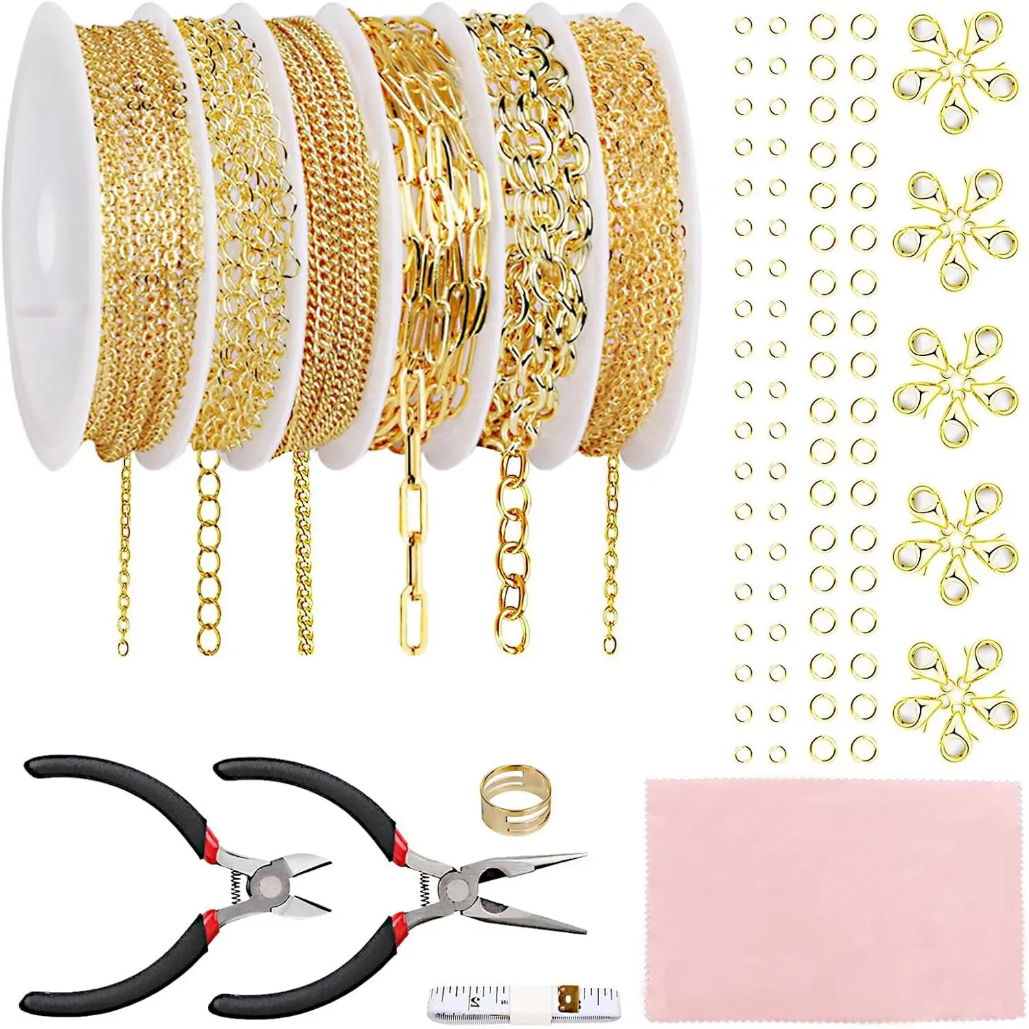 Necklace Chain for  Making, 46ft 6 Style Rolled Steel DIY  Chain Roll Bracelet Bulk Link Plated Permanent for Earring Anklet Craft with Jump Ring, Lobster Clasp, Pliers