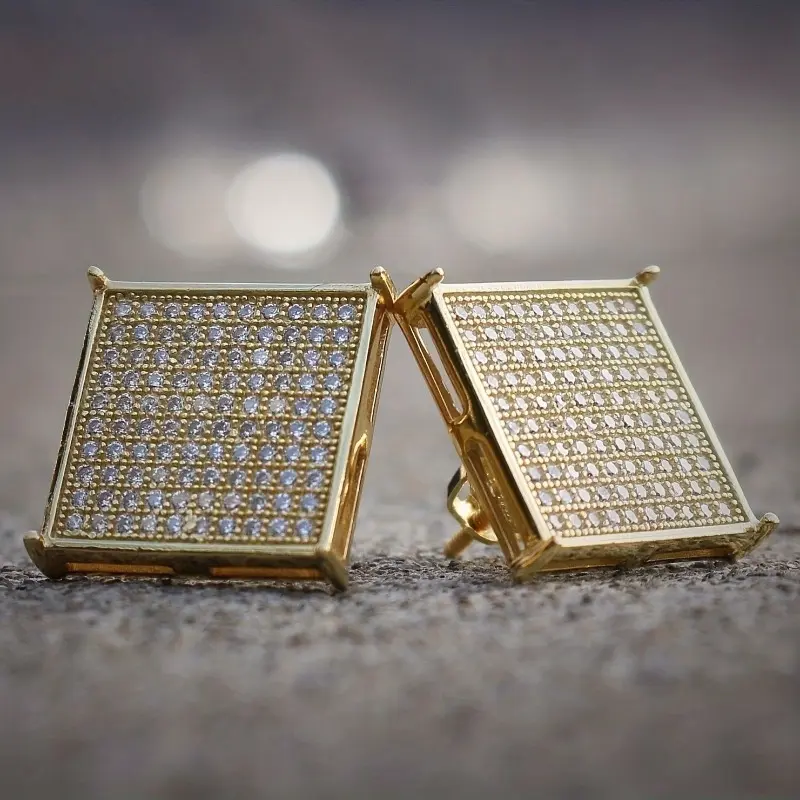 Premium Gold Plated Iced Out Square Stud Earrings Unisex Hip Hop Bling Jewelry for Men and Women Minimalist Shiny Ear Studs Perfect for Daily Wear Party Street Style Accessories Gift Idea Fashionable Jewelry Trendy Ear Candy for All Occasions,Black