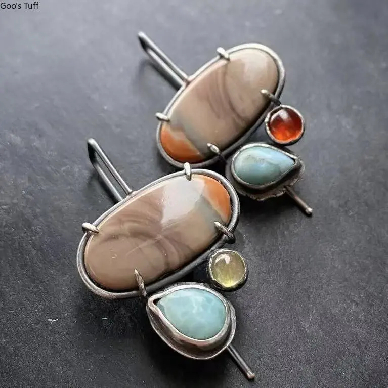 Boho Dangle Earrings for Women, Vintage Oxidized Silver Finish with Irregular Gemstones, Copper Base Costume Jewelry, Engagement Gift Idea, Engagement Gift Ideas, Boho Vintage