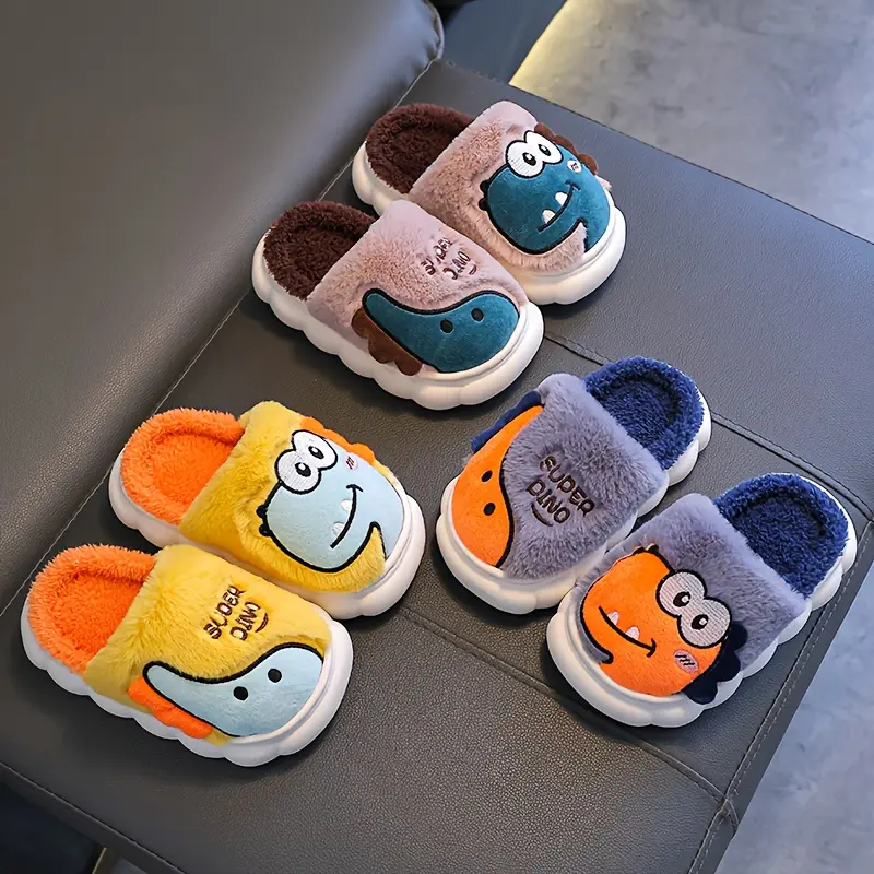 Boys' Dinosaur-Animal Faces Slippers - Cute Flat Shoes for Winter, Safe Materials, Soft Cotton Construction, House Slippers, Casual Home, Flat Slipper