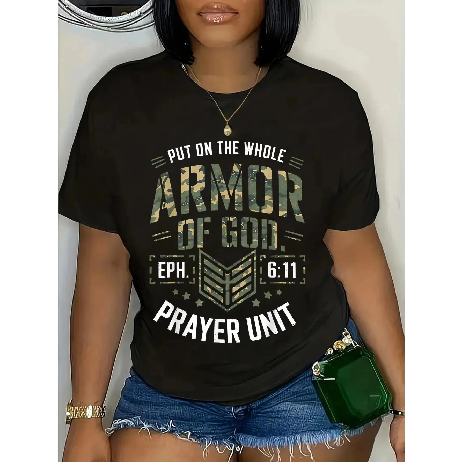 Women's Vintage Camouflage T-Shirt, Cotton Christian Armor of God Graphic, Casual Everyday Short Sleeve Top, Shortsleeve, Tshirt, Round Neck, Camouflage Women's T-Shirts, Whimsical Faith Graphic, T Shirts For Women