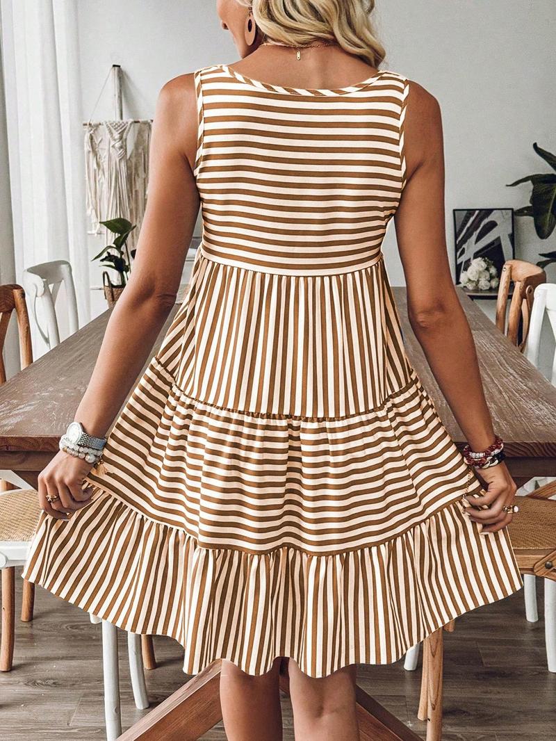 Women's Striped Print Ruffle Hem Tank Dress Sleeveless Short Dress for Summer, Ladies Boho Chic Dress Clothes for Daily Wear