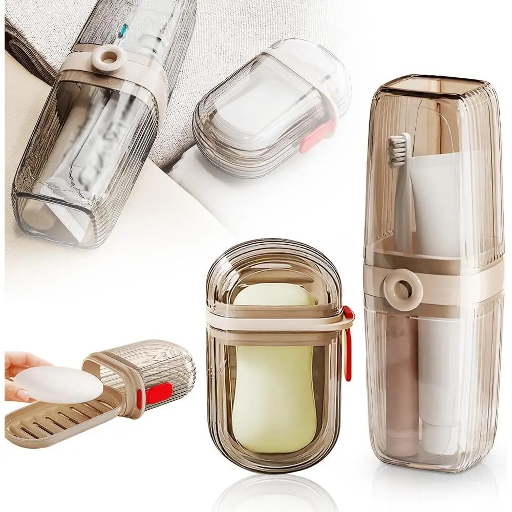 Portable Multifunctional Durable Toothbrush Holder & Soap Dish Tray Set of 2 (4.53 x 2.96 inches) - Leakproof Covered Toothbrush Case, Bar Soap Container for Travelers, Schools, Bathrooms
