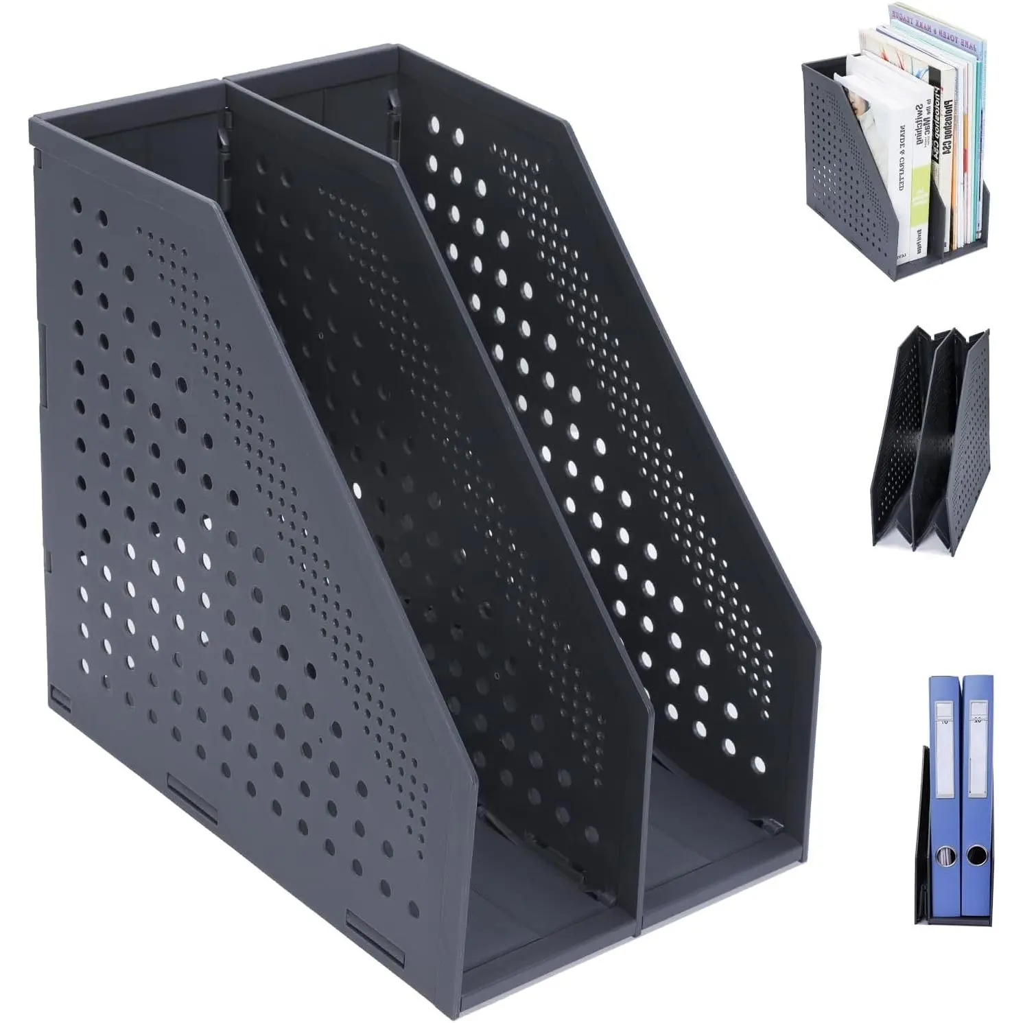 Collapsible Magazine File Holder, 2 Vertical Compartments | Foldable Space-Saving, Sturdy Plastic Binder Holder, Compact for Desk or Shelf, for Office & Home, Easy Access, Dark Gray